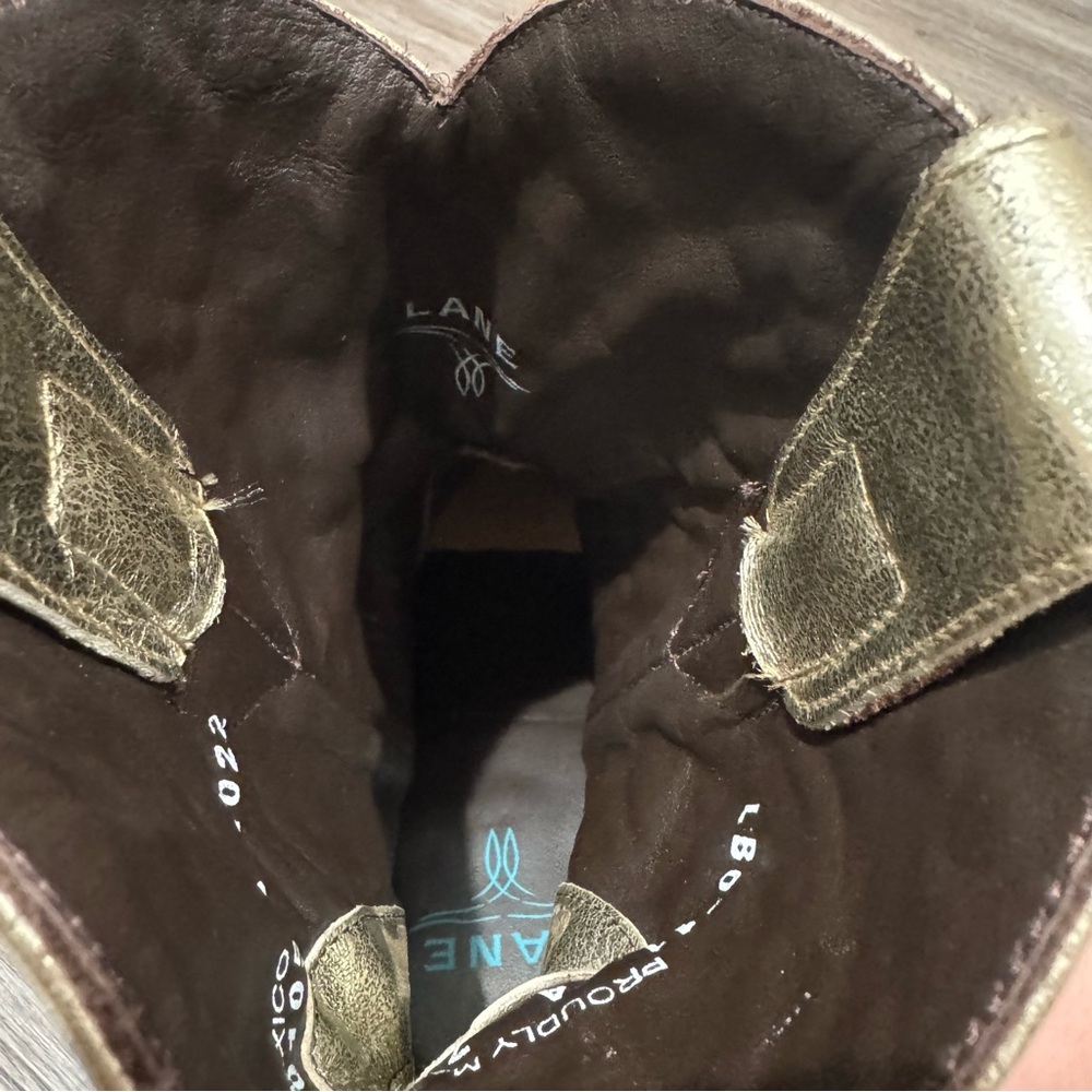 Lane Dolly Pearl Stud Jeweled Cowboy Western Metallic Gold Leather Bootie Boots - Picture 12 of 14